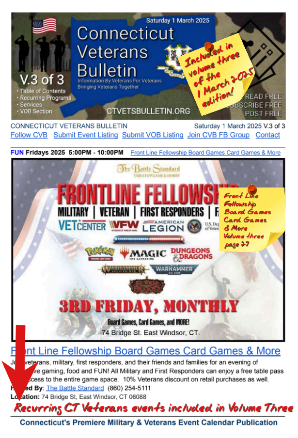 V3 CVB's Weekly Connecticut Veterans Calendar Publication Saturday 1 March 2025 featured listing Frontline Fellowship Board Games Card Games and More page 27