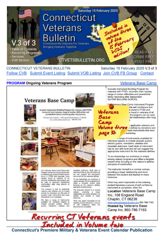 V3 CVB's Weekly Connecticut Veterans Calendar Publication Saturday 15 February 2025 Featured Listing Veterans Base Camp