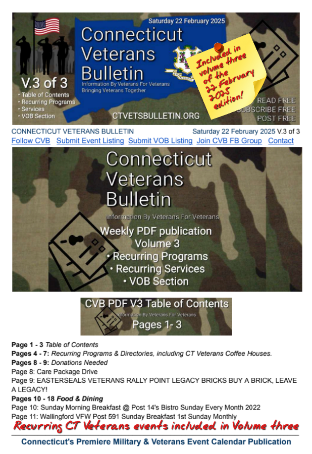 V3 CVB's Weekly Connecticut Veterans Calendar Publication Saturday 22 February 2025