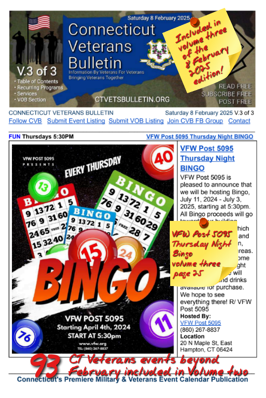 V3 CVB's Weekly Connecticut Veterans Calendar Publication Saturday 8 February 2025 featured listing VFW Post 5095 Thursday Night Bingo