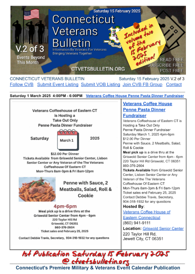 Veterans Coffee House Penne Pasta Dinner Fundraiser
