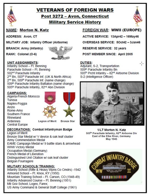 VETERANS OF FOREIGN WARS Post 3272 military service of Morton N Katz