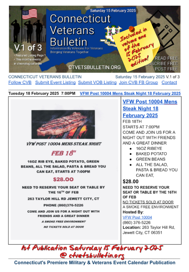 VFW Post 10004 Mens Steak Night 18 February 2025