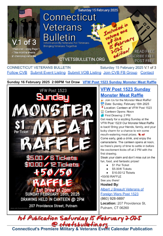 VFW Post 1523 Sunday Monster Meat Raffle 16 February 2025