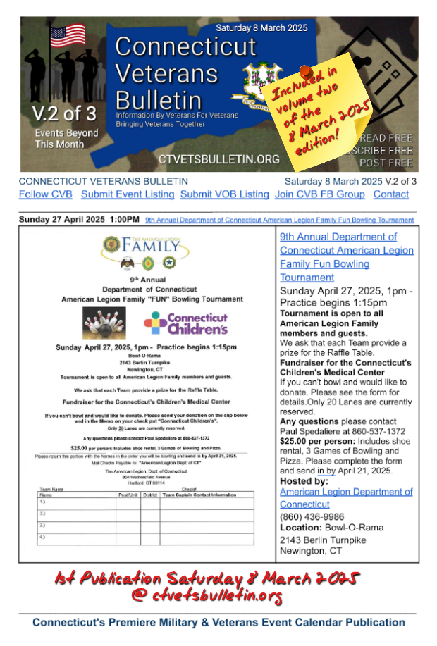 9th Annual Department of Connecticut American Legion Family Fun Bowling Tournament