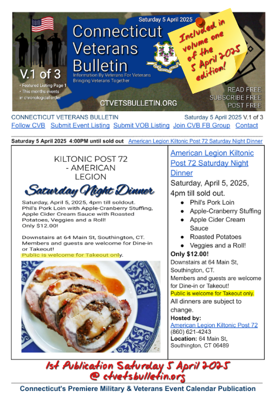 American Legion Kiltonic Post 72 Saturday Night Dinner