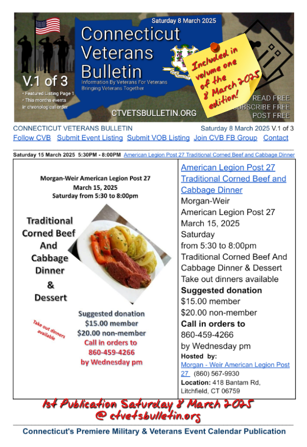 American Legion Post 27 Traditional Corned Beef and Cabbage Dinner