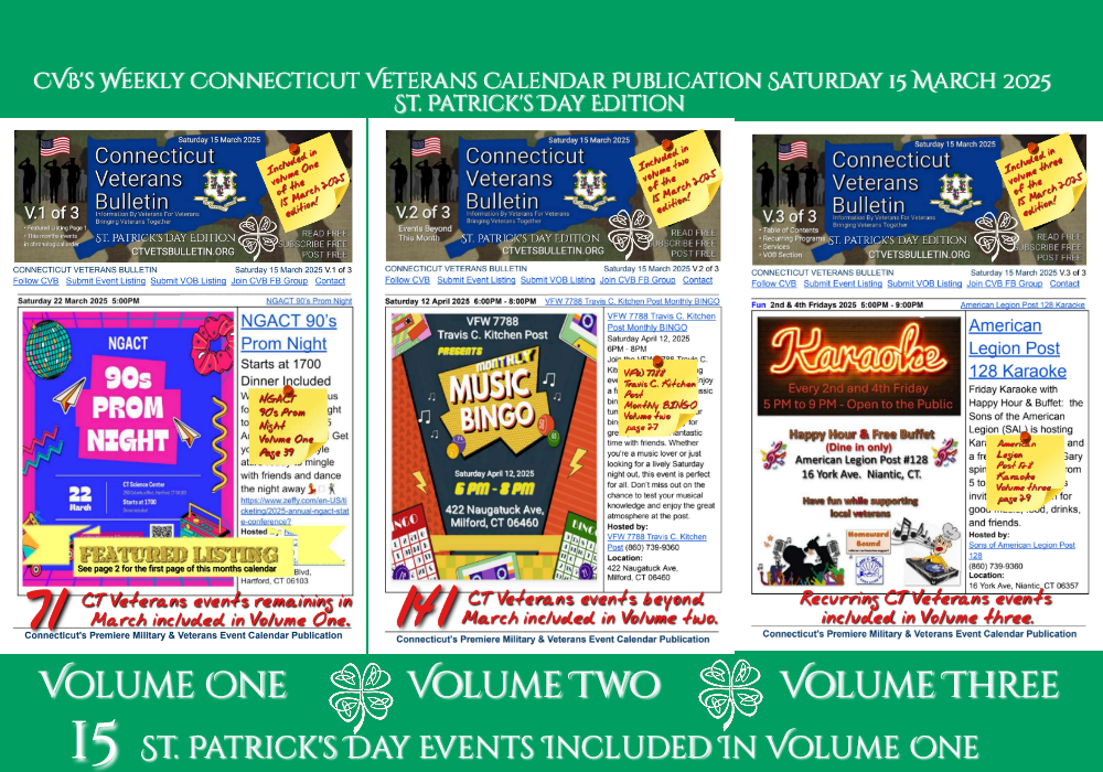 CVB's Weekly Connecticut Veterans Calendar Publication Saturday 15 March 2025 St. Patrick's Day Edition