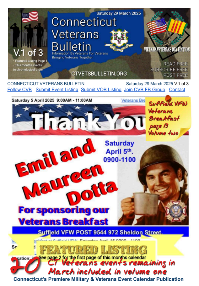V1 CVB's Weekly Connecticut Veterans Calendar Publication National Vietnam Veterans Day Edition Saturday 29 March 2025 featured listing Veterans Breakfast at Suffield VFW