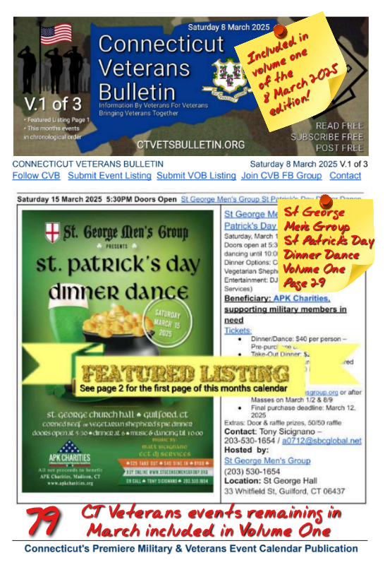 V1 CVB's Weekly Connecticut Veterans Calendar Publication Saturday 8 March 2025 St George Men's Group St Patrick's Day Dinner Dance featured listing