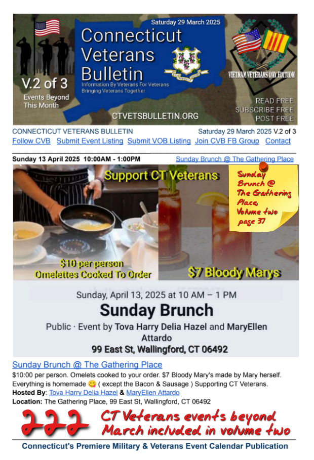 V2 CVB's Weekly Connecticut Veterans Calendar Publication National Vietnam Veterans Day Edition Saturday 29 March 2025 featured listing Sunday Brunch @ The Gathering Place