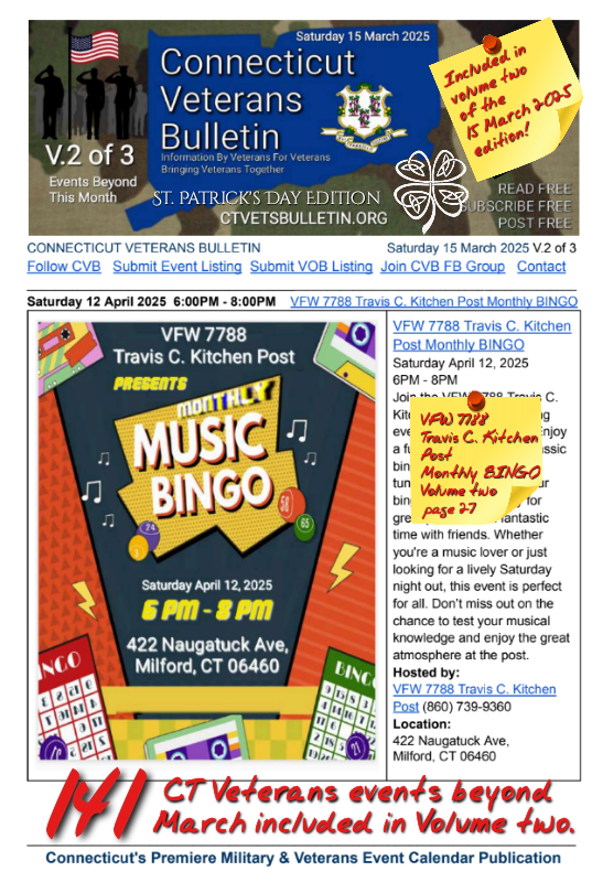 V2 CVB's Weekly Connecticut Veterans Calendar Publication Saturday 15 March 2025 featured listing VFW 7788 Travis C. Kitchen Post Monthly BINGO