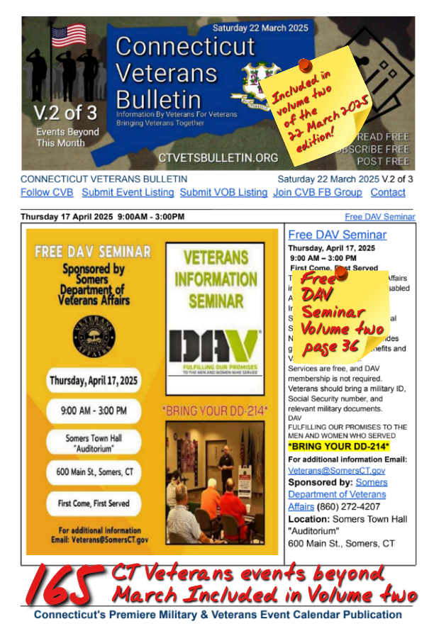 V2 CVB's Weekly Connecticut Veterans Calendar Publication Saturday 22 March 2025 Featured Listing Free DAV Seminar