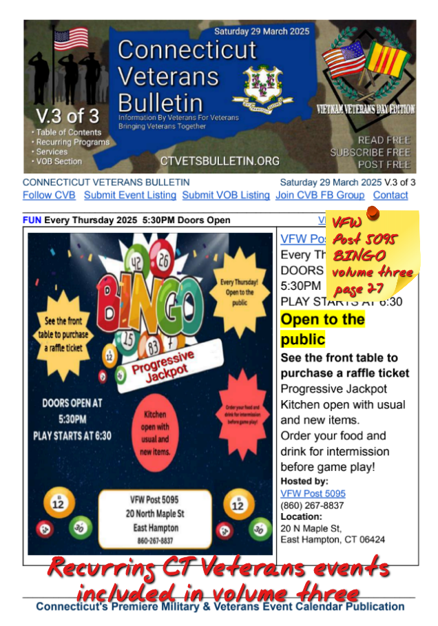 V3 CVB's Weekly Connecticut Veterans Calendar Publication National Vietnam Veterans Day Edition Saturday 29 March 2025 featured listing VFW Post 5095 BINGO