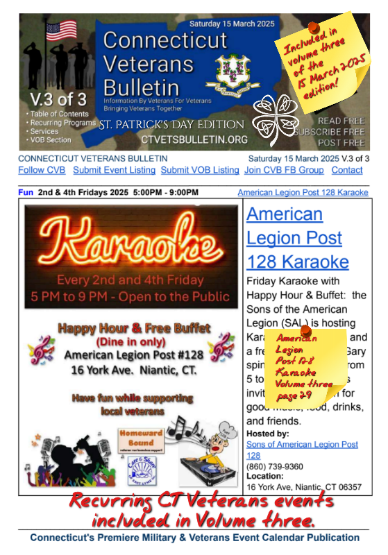 V3 CVB's Weekly Connecticut Veterans Calendar Publication Saturday 15 March 2025 featured listing American Legion Post 128 Karaoke
