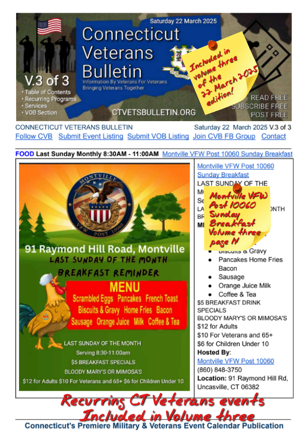 V3 CVB's Weekly Connecticut Veterans Calendar Publication Saturday 22 March 2025 Featured Listing Montville VFW Post 10060Sunday Breakfast