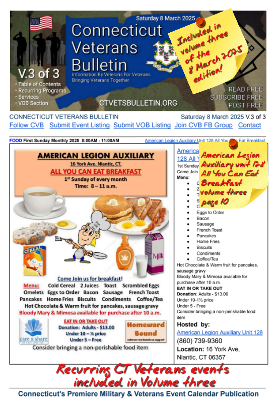V3 CVB's Weekly Connecticut Veterans Calendar Publication Saturday 8 March 2025 American Legion auxiliary unit 128 All You Can Eat breakfast Featured Listing