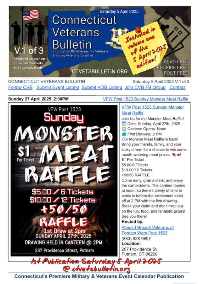 VFW Post 1523 Sunday Monster Meat Raffle 27 April