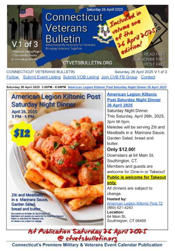 American Legion Kiltonic Post Saturday Night Dinner 26 April 2025