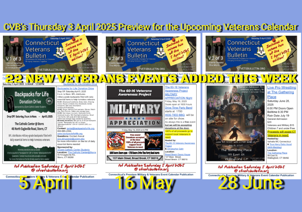 CVB’s Thursday 3 April 2025 Preview for the Upcoming Veterans Calendar