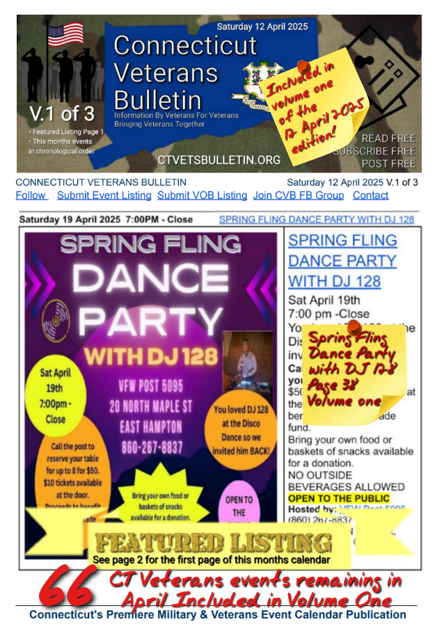 V1 CVB's Weekly Connecticut Veterans Calendar Publication Saturday 12 April 2025 featured listing Spring Fling Dance Party With DJ 128