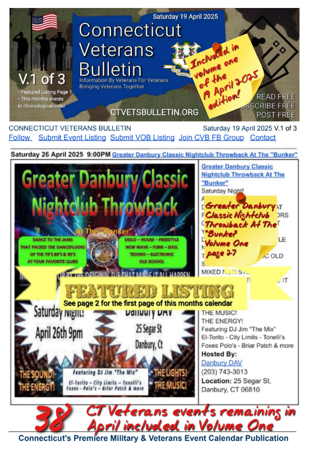 V1 CVB's Weekly Connecticut Veterans Calendar Publication Saturday 19 April 2025 Greater Danbury Classic Nightclub Throwback At The Bunker featured listing