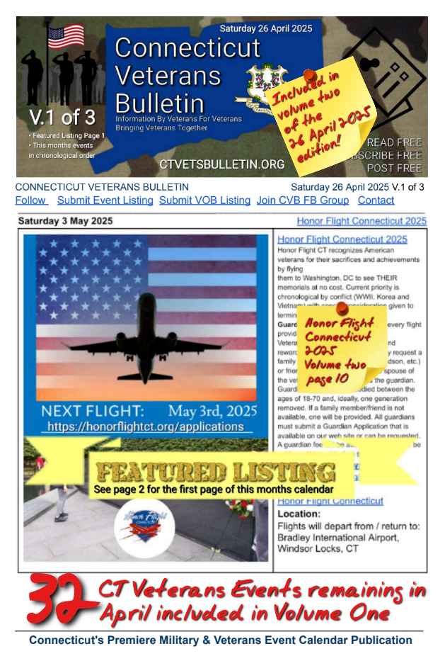 V1 CVB's Weekly Connecticut Veterans Calendar Publication Saturday 26 April 2025 featured listing Honor Flight Connecticut 2025