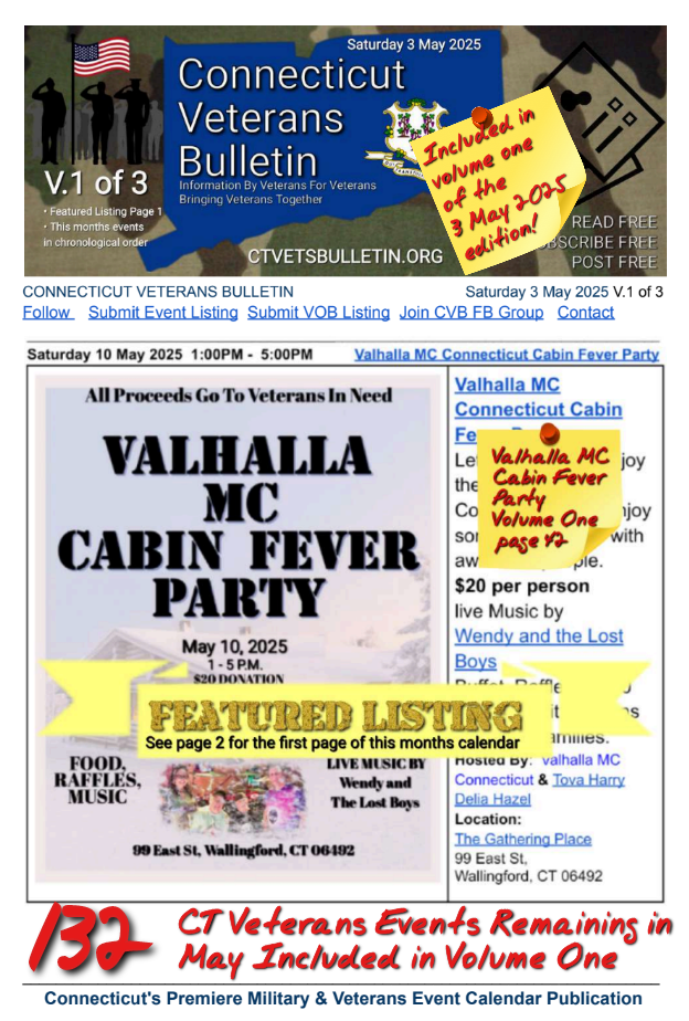V1 CVB's Weekly Connecticut Veterans Calendar Publication Saturday 3 May 2025 Valhalla MC Connecticut Cabin Fever Party featured listing