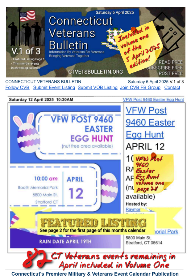 V1 CVB's Weekly Connecticut Veterans Calendar Publication Saturday 5 April 2025 VFW Post 9460 Easter Egg Hunt featured listing