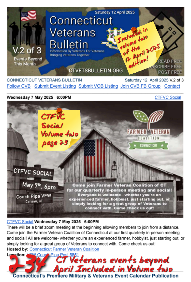 V2 CVB's Weekly Connecticut Veterans Calendar Publication 12 April 2025 featured listing CTFVC Social