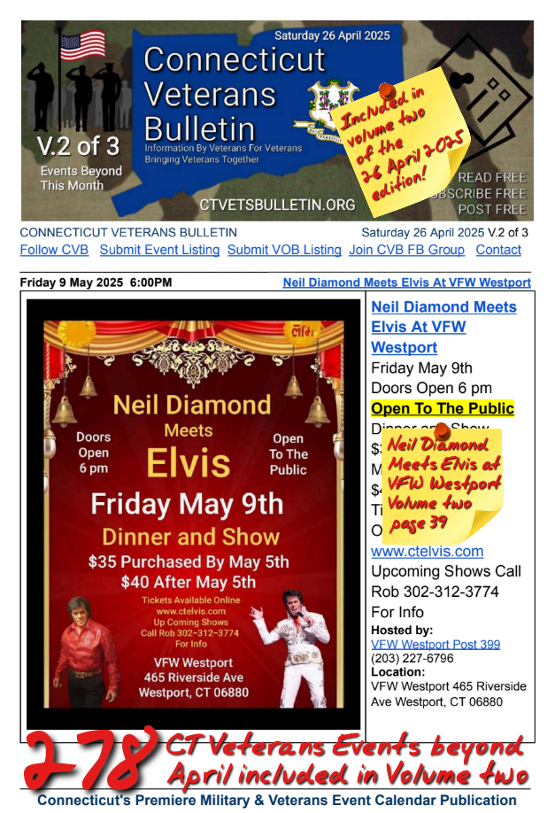 V2 CVB's Weekly Connecticut Veterans Calendar Publication 26 April 2025 featured listing Neil Diamond Meets Elvis At Westport VFW