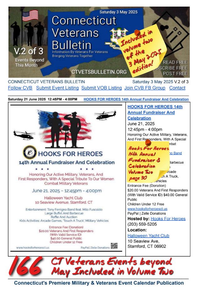 V2 CVB's Weekly Connecticut Veterans Calendar Publication 3 May 2025 HOOKS FOR HEROES 14th Annual Fundraiser And Celebration featured listing