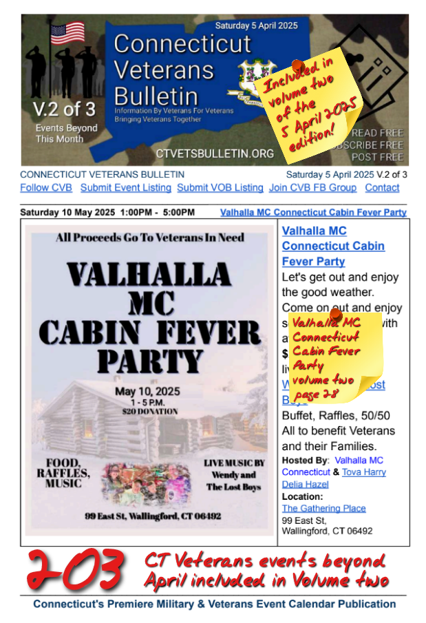 V2 CVB's Weekly Connecticut Veterans Calendar Publication 5 April 2025 Valhalla MC Connecticut Cabin Fever Party featured listing