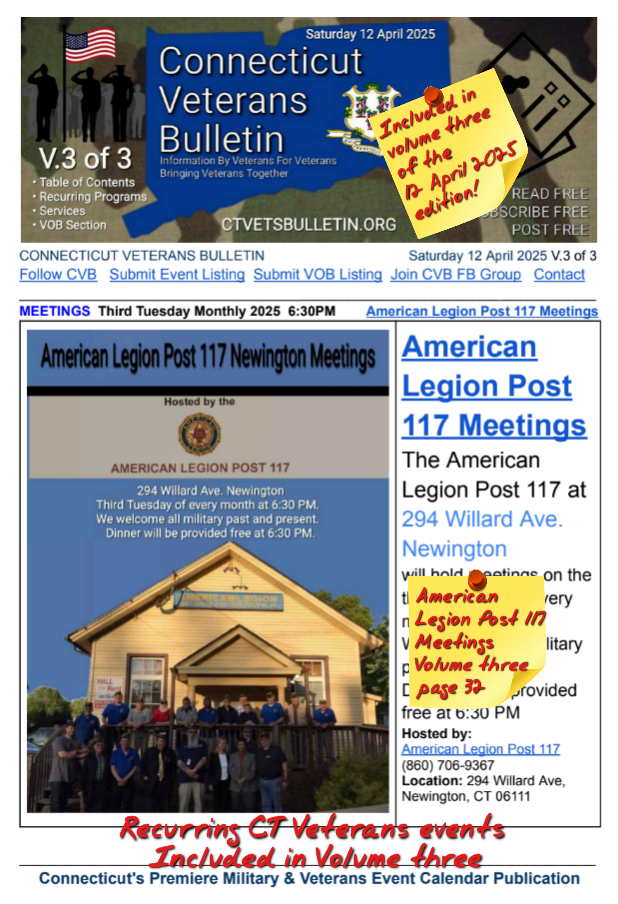 V3 CVB's Weekly Connecticut Veterans Calendar Publication 12 April 2025 featured listing American Legion Post 117 Meetings