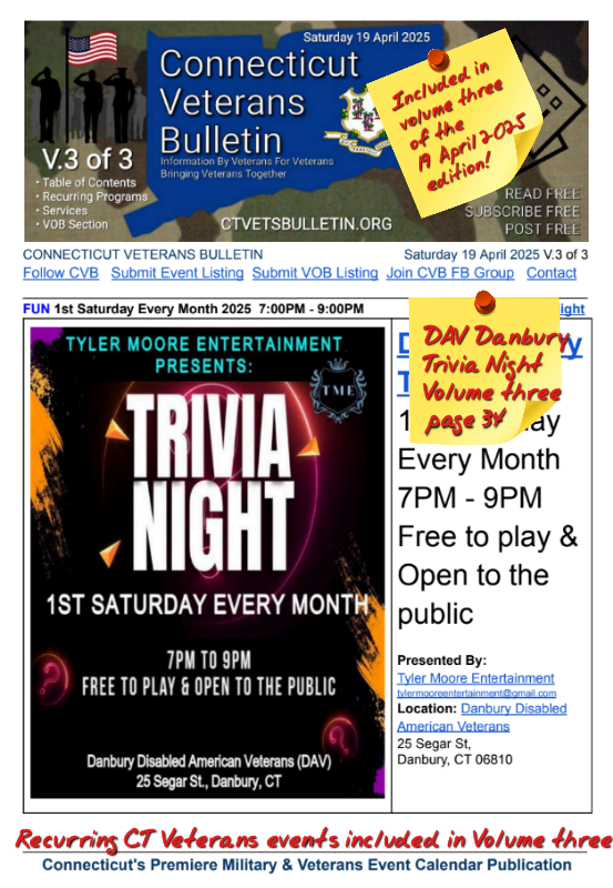 V3 CVB's Weekly Connecticut Veterans Calendar Publication 19 April 2025 DAV Danbury Trivia Night featured listing