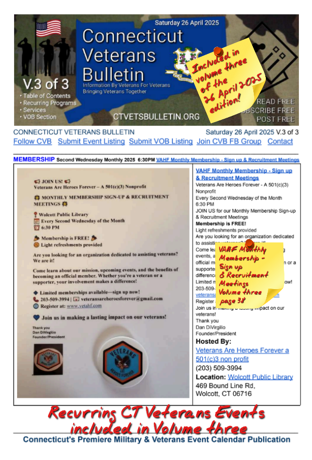 V3 CVB's Weekly Connecticut Veterans Calendar Publication 26 April 2025 featured listing VAHF Monthly Membership - Sign up & Recruitment Meetings