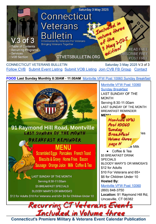 V3 CVB's Weekly Connecticut Veterans Calendar Publication 3 May 2025 Montville VFW Post 10060Sunday Breakfast featured listing