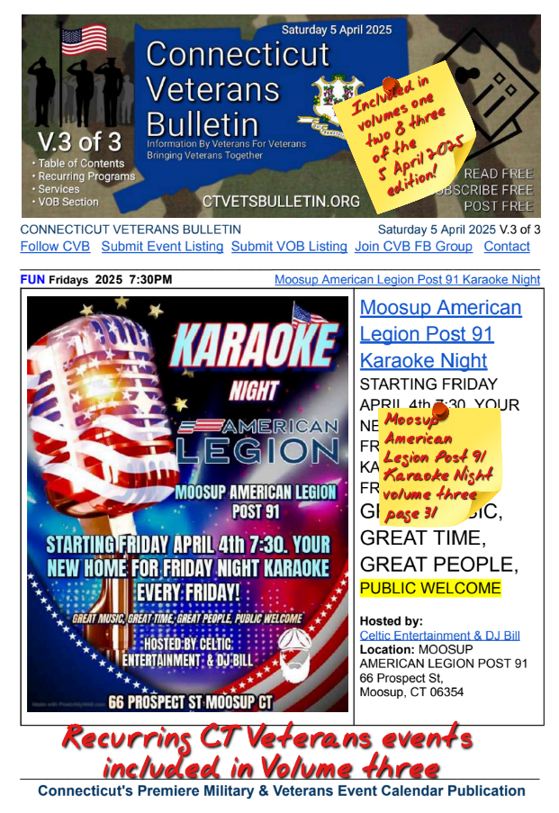V3 CVB's Weekly Connecticut Veterans Calendar Publication 5 April 2025 Moosup American Legion Post 91 Karaoke Night featured listing