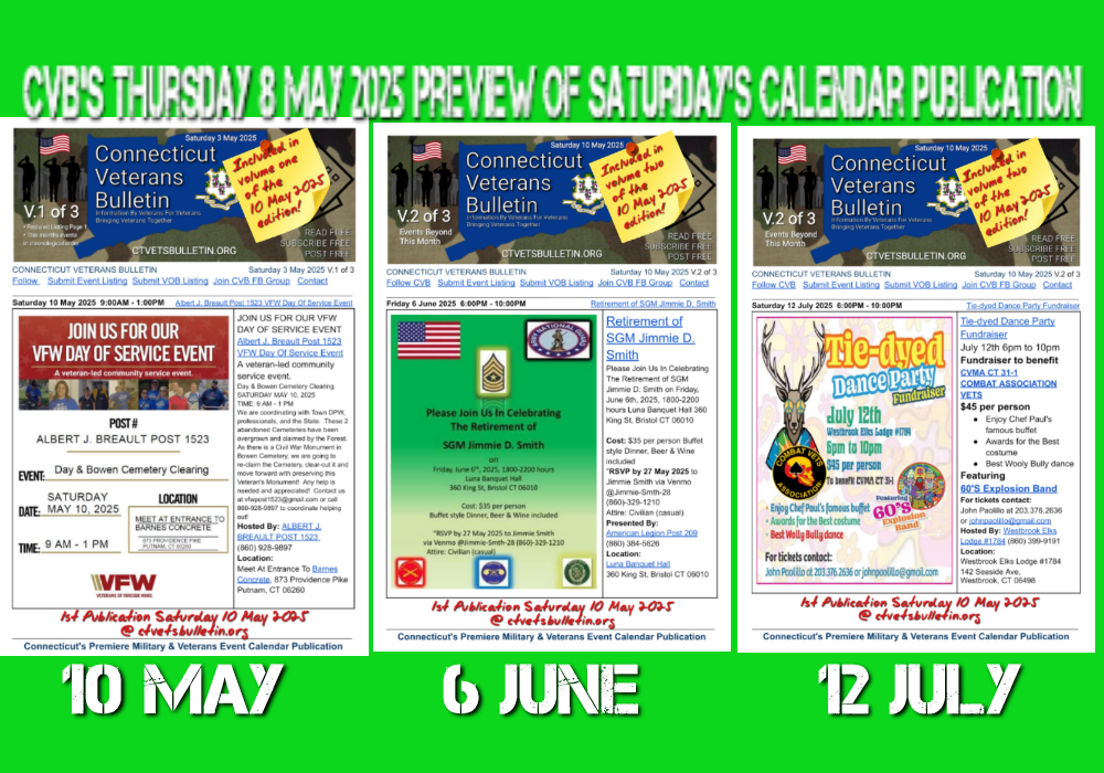 CVB’S Thursday 8 May 2025 Preview of Saturday’s Calendar Publication