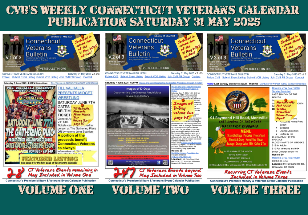 CVB's Weekly Connecticut Veterans Calendar Publication Saturday 31 May 2025