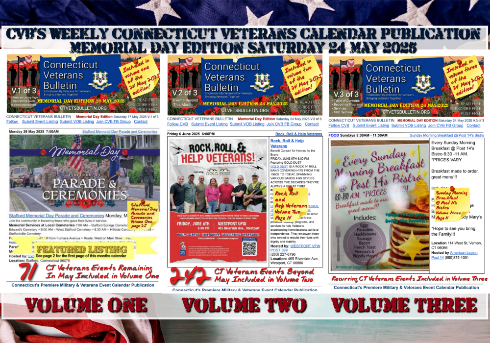 CVB's Weekly Connecticut Veterans Calendar Publication Memorial Day Edition Saturday 24 May 2025
