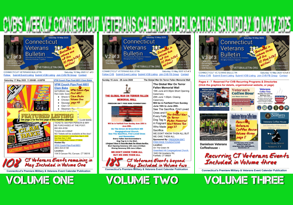 CVB's Weekly Connecticut Veterans Calendar Publication Saturday 10 May 2025