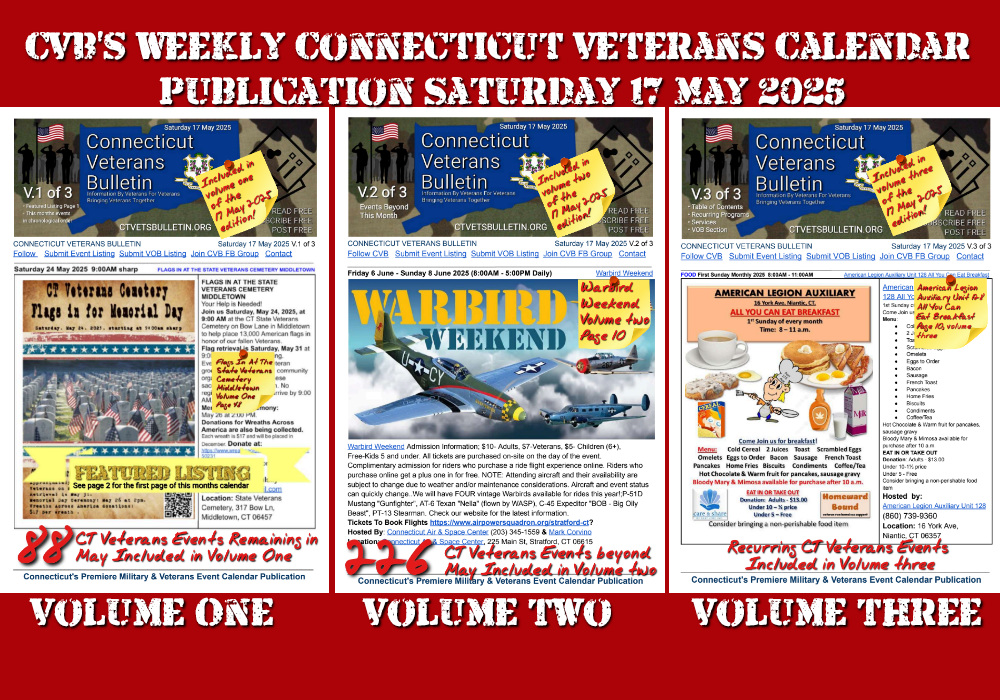 CVB's Weekly Connecticut Veterans Calendar Publication Saturday 17 May 2025