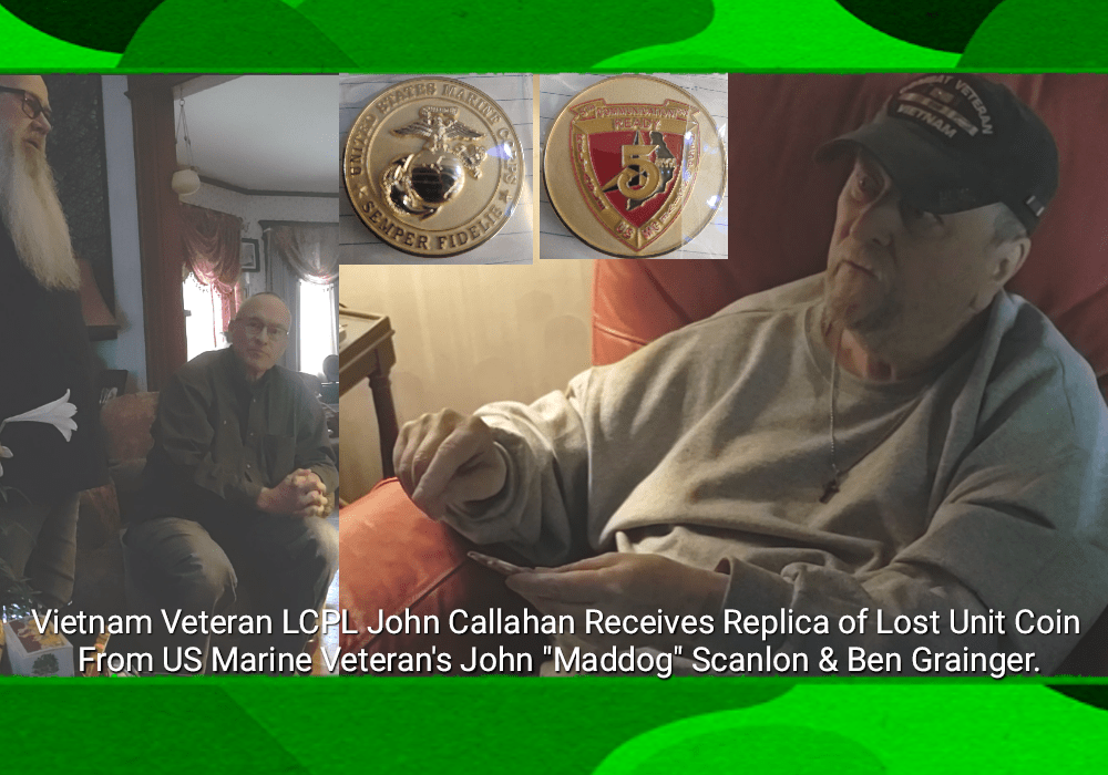 Vietnam Veteran LCPL John Callahan Receives Replica of Lost Unit Coin From US Marine Veteran's John "Maddog" Scanlon & Ben Grainger.