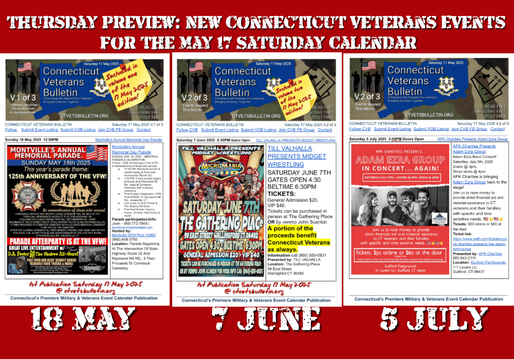 Thursday Preview: New Connecticut Veterans Events for the May 17 Saturday Calendar