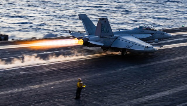 250505-N-JJ537-3167 U.S. CENTRAL COMMAND AREA OF RESPONSIBILITY (May 5, 2025) An F/A-18F Super Hornet, attached to Strike Fighter Squadron (VFA) 11, launches from the flight deck of the Nimitz-class aircraft carrier USS Harry S. Truman (CVN 75) during flight operations in the U.S. Central Command area of responsibility. (Official U.S. Navy photo)