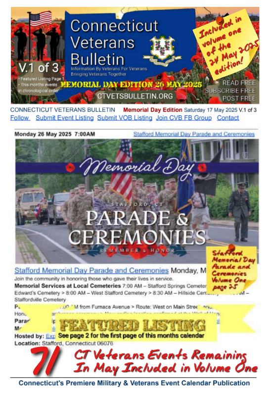 V1 CVB's Weekly Connecticut Veterans Calendar Publication Memorial Day Edition Saturday 24 May 2025 Stafford Memorial Day Parade and Ceremonies Featured Listing