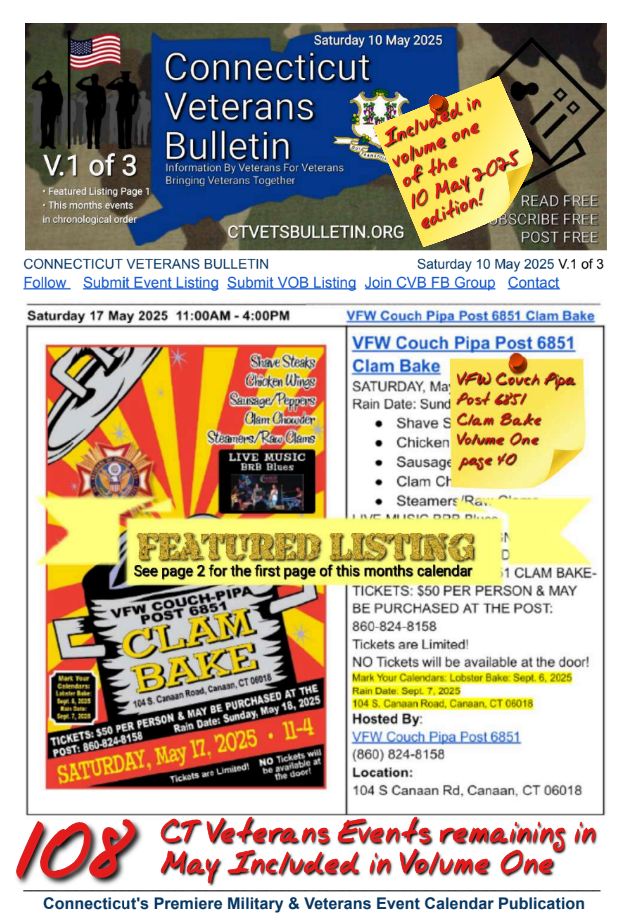 V1 CVB's Weekly Connecticut Veterans Calendar Publication Saturday 10 May 2025 VFW Couch Pipa Post 6851 Clam Bake featured listing