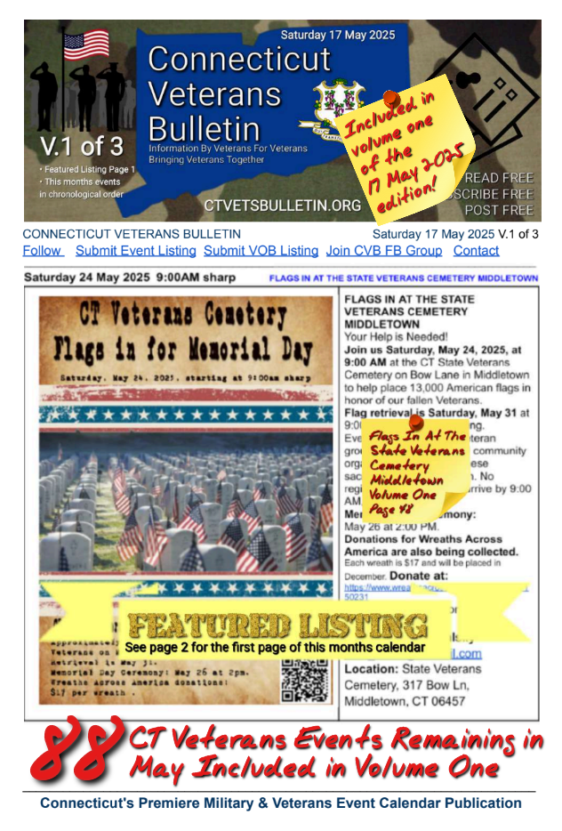 V1 CVB's Weekly Connecticut Veterans Calendar Publication Saturday 17 May 2025 Memorial Day Flags In at the State Veterans Cemetery Middletown featured listing