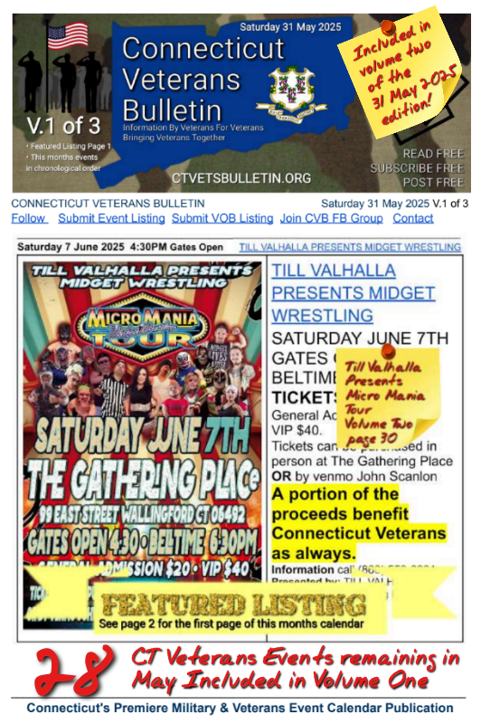 V1 CVB's Weekly Connecticut Veterans Calendar Publication Saturday 31 May 2025 Till Valhalla Presents Midget Wrestling featured listing